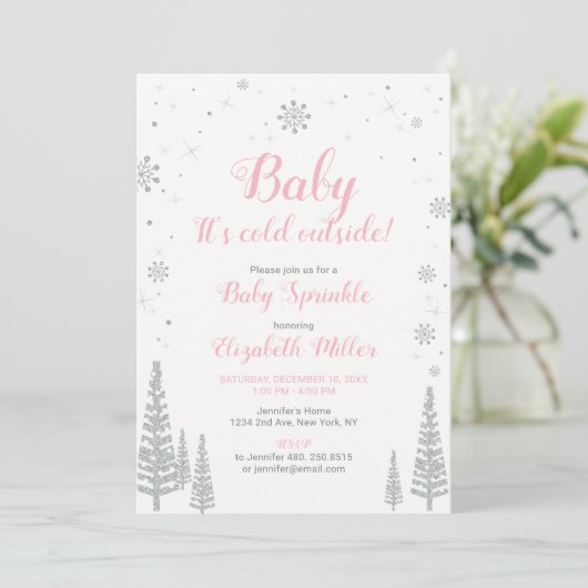 Winter Wonderland, Girl Baby Sprinkle, Pink Silver Kaart (Staand voorkant)