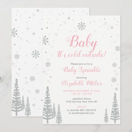 Winter Wonderland, Girl Baby Sprinkle, Pink Silver Kaart (Voorkant / Achterkant)