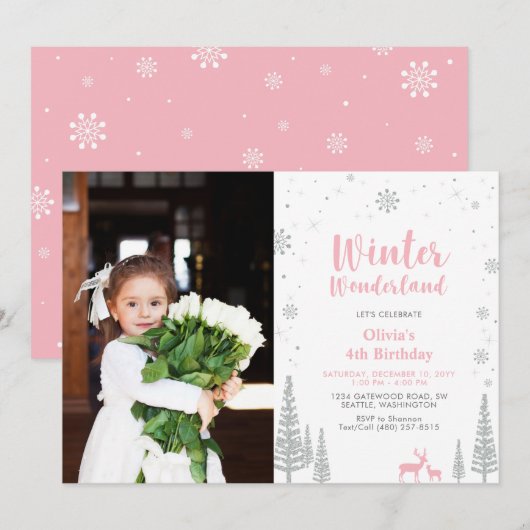 Winter Wonderland Girl Photo Birthday Invitation Kaart (Voorkant / Achterkant)