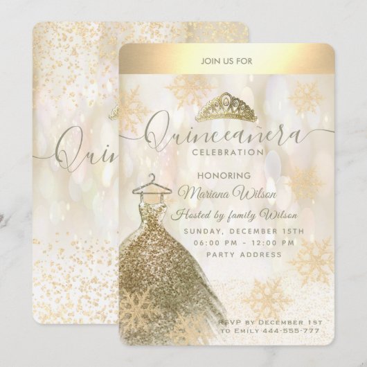 Winter wonderland Gold snewflake bokeh Quinceañera Kaart (Voorkant / Achterkant)