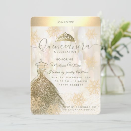 Winter wonderland Gold snewflake bokeh Quinceañera Kaart (Staand voorkant)