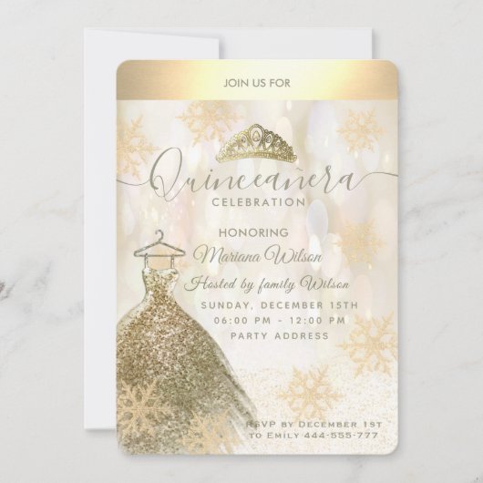 Winter wonderland Gold snewflake bokeh Quinceañera Kaart (Voorkant)