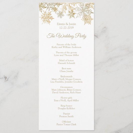 Winter Wonderland Goud Sneeuwvlokken Bruiloft Programmakaart (Voorkant)