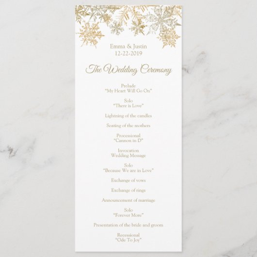 Winter Wonderland Goud Sneeuwvlokken Bruiloft Programmakaart (Achterkant)