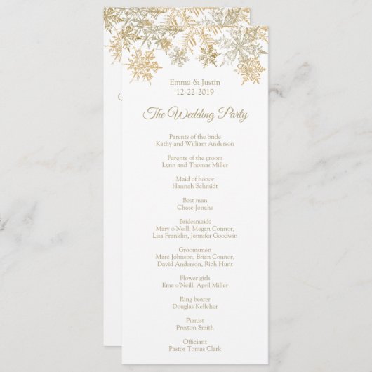Winter Wonderland Goud Sneeuwvlokken Bruiloft Programmakaart (Voorkant / Achterkant)
