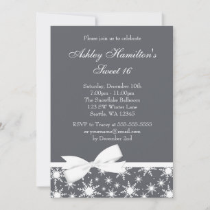 Winter Wonderland Gray Snowflake Bow Sweet 16 Kaart