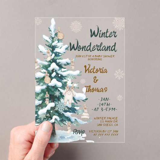 Winter Wonderland Green Neutral Baby Shower Acryl Uitnodigingen (Insitu (Draagbaar))
