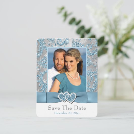 Winter Wonderland, hartfoto's redden de datum Kaar Save The Date (Staand voorkant)