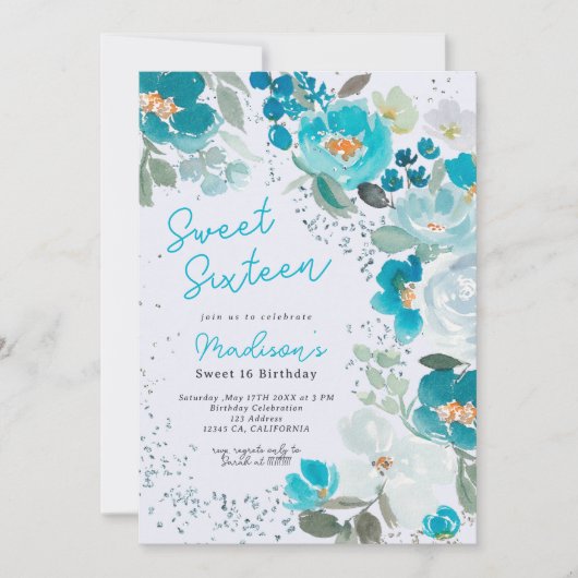 Winter Wonderland IJsblauw Bloemen Zoet Zestien Kaart (Voorkant)