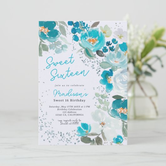 Winter Wonderland IJsblauw Bloemen Zoet Zestien Kaart (Staand voorkant)