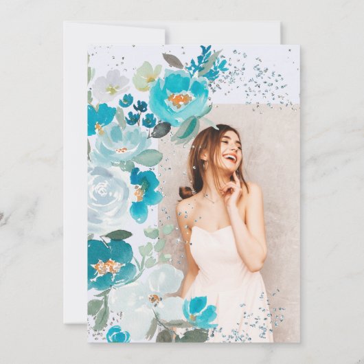 Winter Wonderland IJsblauw Bloemen Zoet Zestien Kaart (Achterkant)