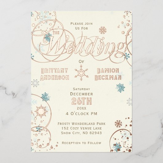 Winter Wonderland Ivoren Blauwe Sneeuwvlok Bruilof Folie Uitnodiging (Voorkant)