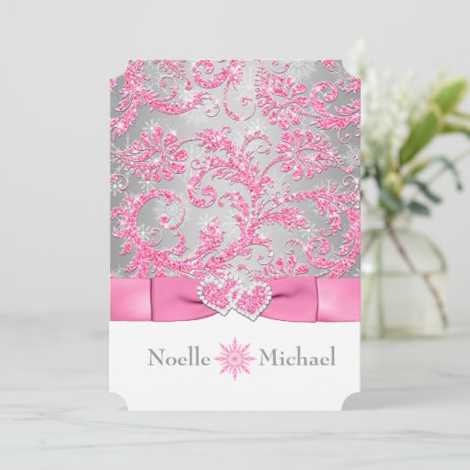 Winter Wonderland Joined Hearts Bruiloft - Roze Kaart (Staand voorkant)