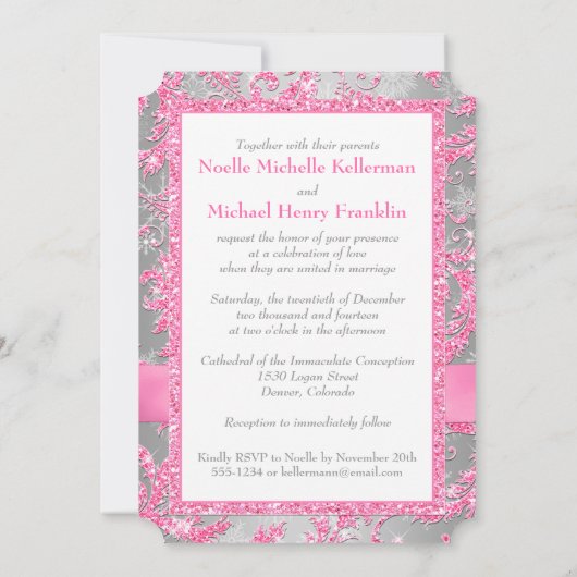 Winter Wonderland Joined Hearts Bruiloft - Roze Kaart (Achterkant)