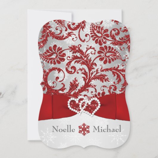 Winter Wonderland Joined Hearts Wedding Invite Red Kaart (Voorkant)