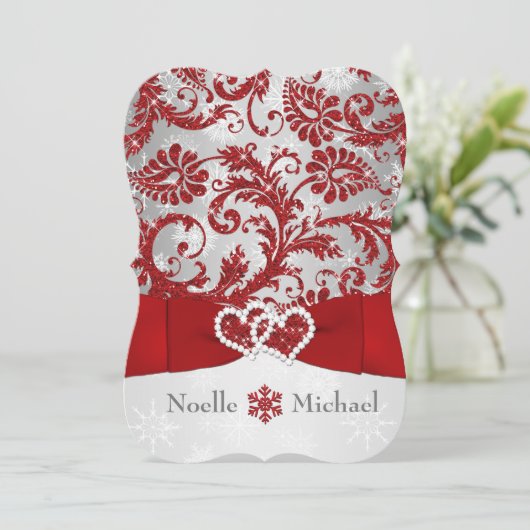 Winter Wonderland Joined Hearts Wedding Invite Red Kaart (Staand voorkant)
