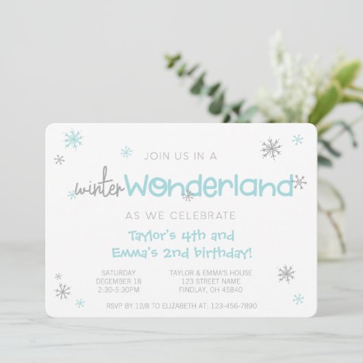 Winter Wonderland Joint Birthday Party, elke leeft Kaart (Staand voorkant)