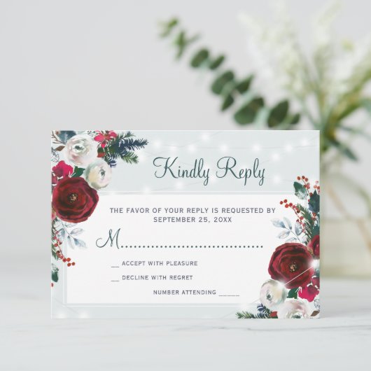 Winter wonderland Kerst rode bloemen bruiloft RSVP Kaartje (Staand voorkant)