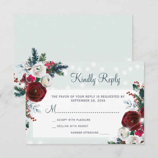 Winter wonderland Kerst rode bloemen bruiloft RSVP Kaartje (Voorkant / Achterkant)