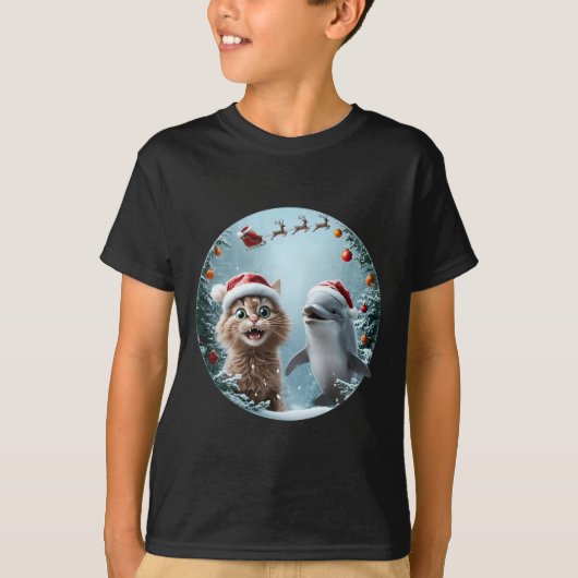 Winter Wonderland Kerstkat Dolfijn Selfie San T-shirt (Voorkant)