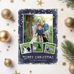 Winter Wonderland Kerstmis Fotocollage Feestdagenkaart<br><div class="desc">Vier de feestdagen met deze feestelijke Winter Wonderland Vrolijke Kerstmis Fotocollage. Een sneeuwrand omringt je 4 foto's die tegen een donkerblauwe achtergrond zijn geplaatst. Voeg uw aangepaste tekst toe aan de voor- en achterkant. Met een beetje een rustieke/ uitstraling is de kaart nog steeds trendy en klassiek. Bekijk ons volledige...</div>