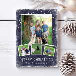Winter Wonderland Kerstmis Fotocollage Feestdagenkaart<br><div class="desc">Vier de feestdagen met deze feestelijke Winter Wonderland Vrolijke Kerstmis Fotocollage. Een sneeuwrand omringt je 4 foto's die tegen een marineblauwe achtergrond zijn geplaatst. Voeg uw aangepaste tekst toe aan de voor- en achterkant. Met een beetje een rustieke/ uitstraling is de kaart nog steeds trendy en klassiek. Bekijk ons volledige...</div>