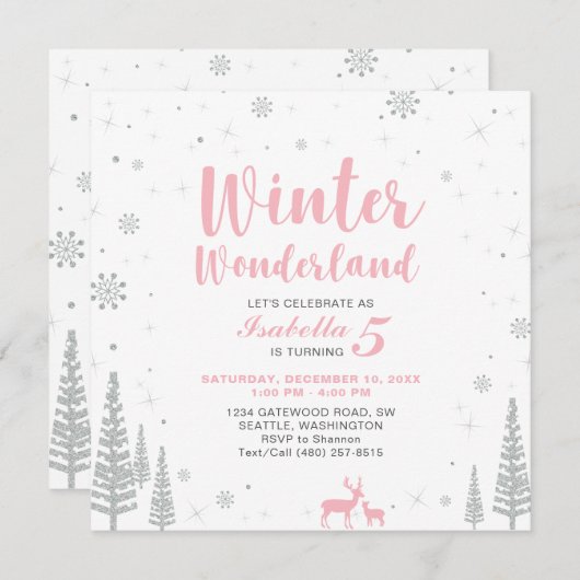 Winter Wonderland Kinderen Birthday Uitnodiging -  (Voorkant / Achterkant)