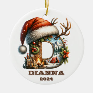 Winter Wonderland Letter D Santa Hat en kampvuur Keramisch Ornament