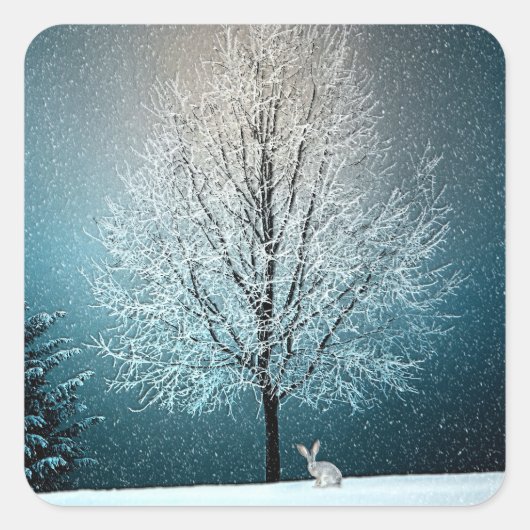 Winter Wonderland met konijn Vierkante Sticker (Voorkant)