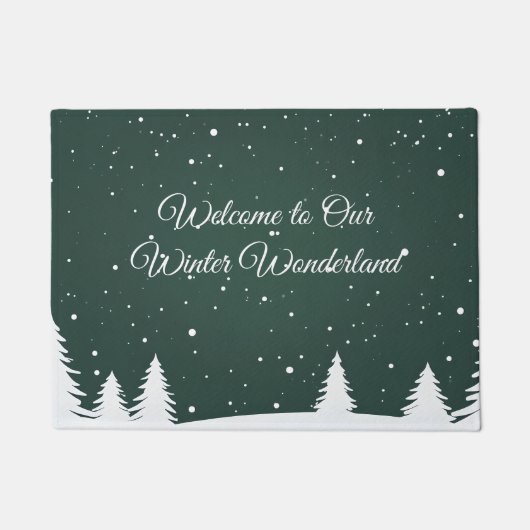 Winter Wonderland met Pine Tree Silhouetten Sneeuw Deurmat (Voorkant)