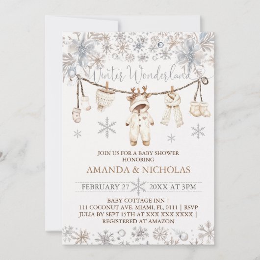 Winter Wonderland Neutral Clothesline Baby shower Kaart (Voorkant)