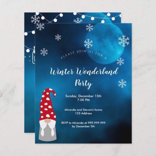 Winter wonderland party blauwe kabouter uitnodigin (Voorkant / Achterkant)