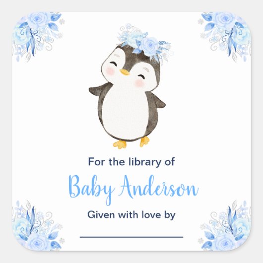 Winter Wonderland Penguin Baby shower Bookplate Vierkante Sticker (Voorkant)