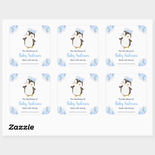 Winter Wonderland Penguin Baby shower Bookplate Vierkante Sticker (Vel)