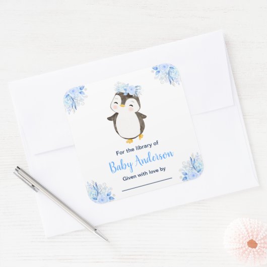Winter Wonderland Penguin Baby shower Bookplate Vierkante Sticker (Envelop)