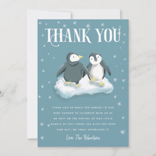 Winter Wonderland Penguin Blue Baby shower Bedankkaart (Voorkant)