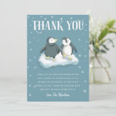 Winter Wonderland Penguin Blue Baby shower Bedankkaart (Staand voorkant)