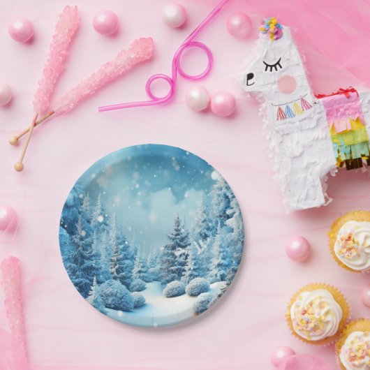 Winter Wonderland Pijnbomen Sneeuwvlokken Papieren Bordje (Feest)