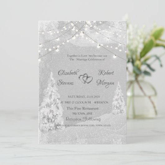 Winter Wonderland, Pine Tree Gray Wedding Kaart (Staand voorkant)