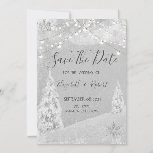 Winter Wonderland, pine Tree Grey Save the Date (Voorkant)