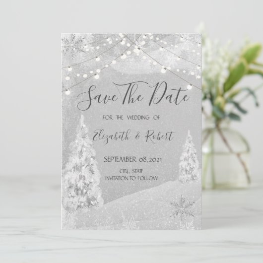 Winter Wonderland, pine Tree Grey Save the Date (Staand voorkant)