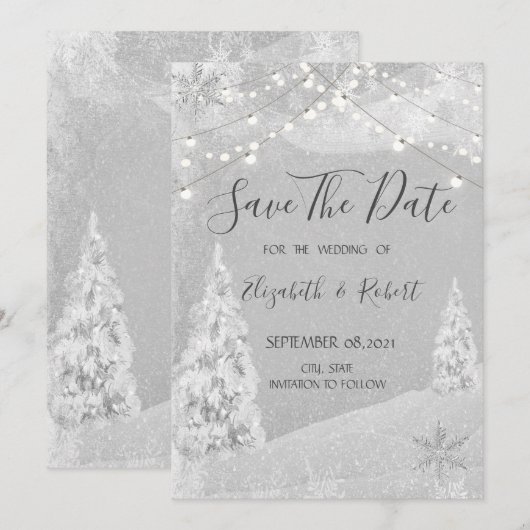 Winter Wonderland, pine Tree Grey Save the Date (Voorkant / Achterkant)