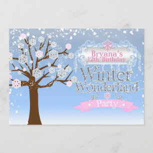 Winter Wonderland Pink Birthday Party Invitation Kaart