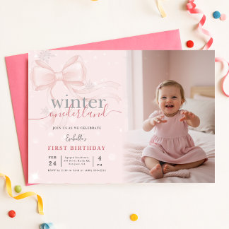 Winter Wonderland Pink Bow Photo First Birthday Kaart