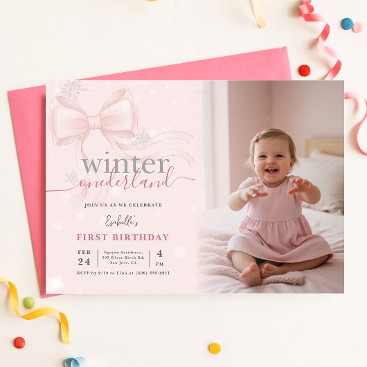 Winter Wonderland Pink Bow Photo First Birthday Kaart