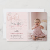 Winter Wonderland Pink Bow Photo First Birthday Kaart (Voorkant)