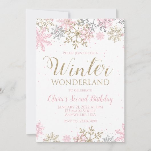 Winter Wonderland Pink Gold Snowflake Birthday Kaart (Voorkant)