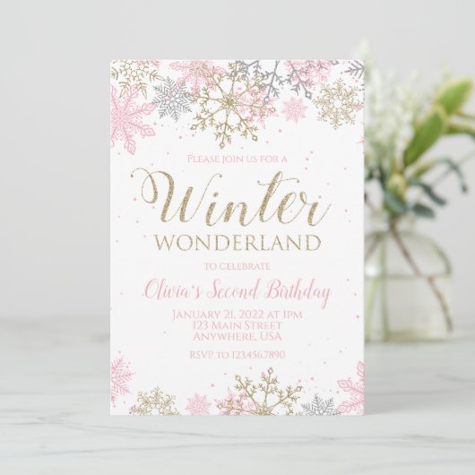Winter Wonderland Pink Gold Snowflake Birthday Kaart (Staand voorkant)