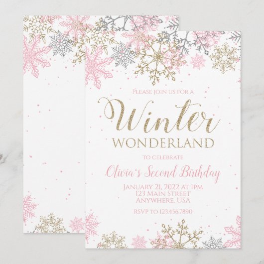 Winter Wonderland Pink Gold Snowflake Birthday Kaart (Voorkant / Achterkant)
