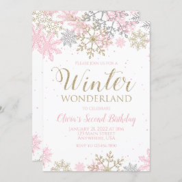 Winter Wonderland Pink Gold Snowflake Birthday Kaart